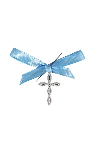 Recostore Set 20 marturii, cruciulite biserica din metal cu bolduri si cutiuta, funda bleu, REC1968/47
