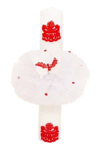 Recostore Lumanare botez, cu fluturi, tulle alb si rosie, 40x6 cm, REC1314