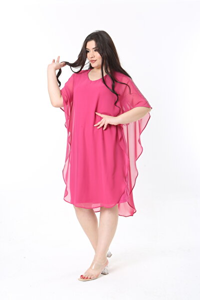 Şans Women's Plus Size Fujya Chiffon Cape Stone Detailed Evening Dress 65N38850