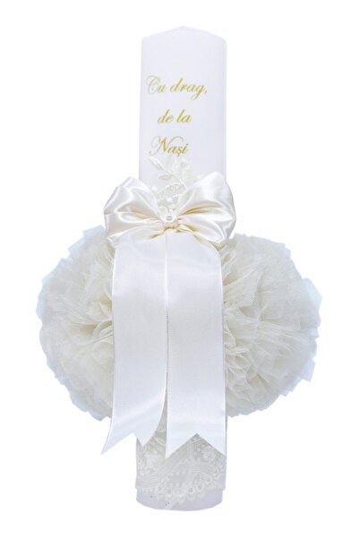 Recostore Lumanare ivoire „Cu drag, de la Nasi” botez, cu tulle ivoire, 40x7 ...
