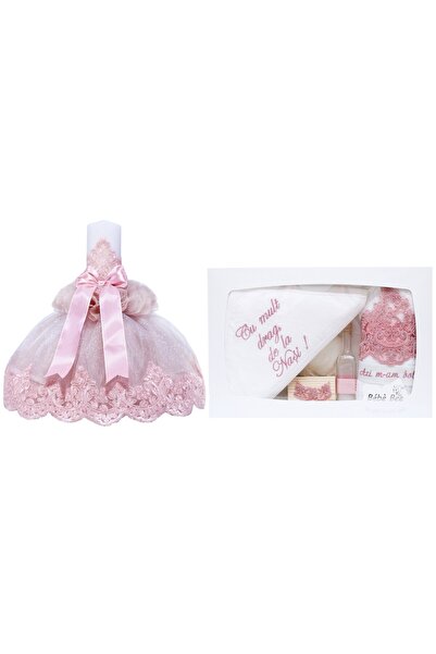 Recostore Set trusou si lumanare , "Cu mult drag de la nasi", roz pudrat, 8 p...