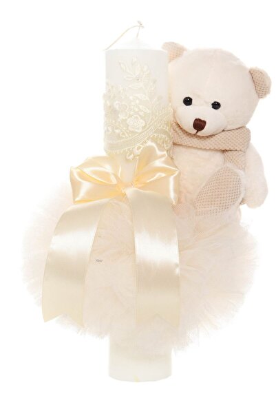 Recostore Lumanare botez cu tulle ivoire si cu ursulet de plus atasat, 35x7 c...
