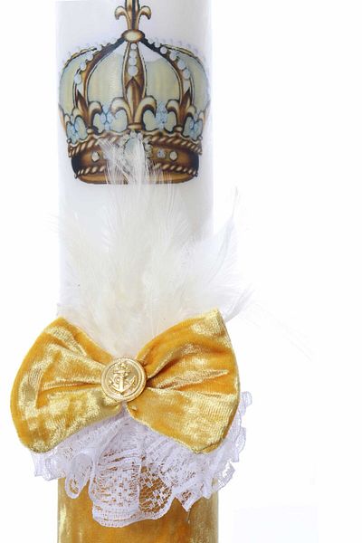 Recostore Lumanare botez catifea galbena si coroana, 35 cm, REC2172