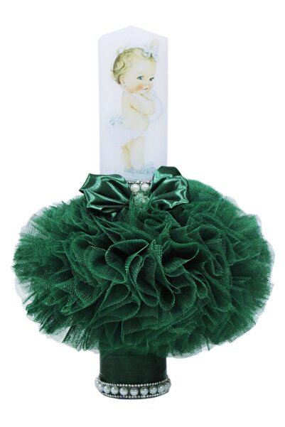 Recostore Lumanare cu bebe printesa botez, tulle verde si fundita, 35x7 cm, R...