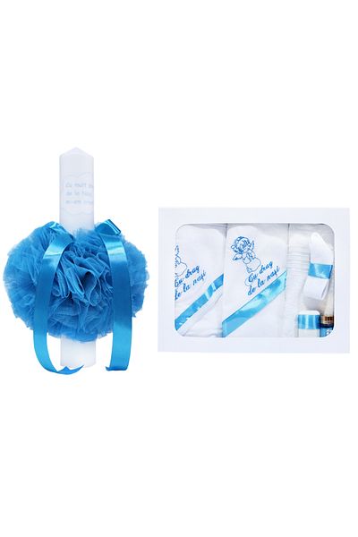Recostore Set complet botez, lumanare si trusou, alb-turcoaz, REC345