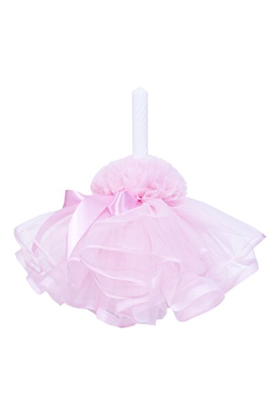 Recostore Lumanare cu funda botez, cu volane din tulle roz, 45x3 cm, REC198