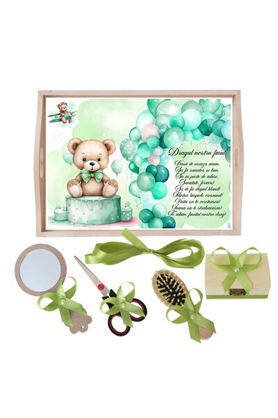 Recostore Tava mot baieti cu Ursulet cu baloane, Verde olive, 6 piese, 35x20 cm, REC1967/271