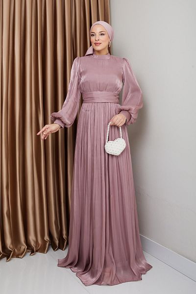 Olcay Gürtel mit Kordelzug Detail Seide Tesettür Abendkleid ROSE 1225
