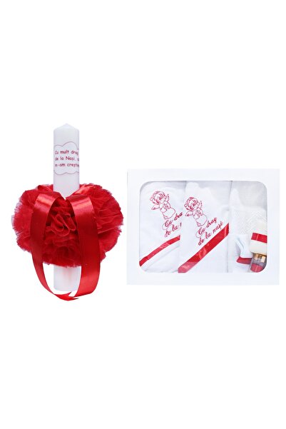 Recostore Set complet botez, lumanare si trusou, alb-rosu, REC344