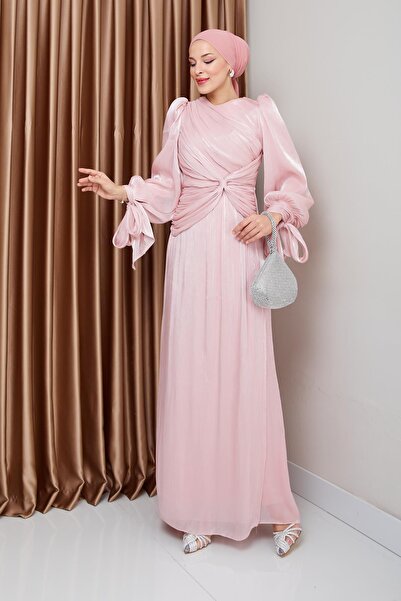 Olcay Βραδινό φόρεμα με λεπτομέρεια από βολάν και φιόγκο, δεμένο στο στόμα Yoryo Silk Hijab βραδινό φόρεμα PUDRA 1224