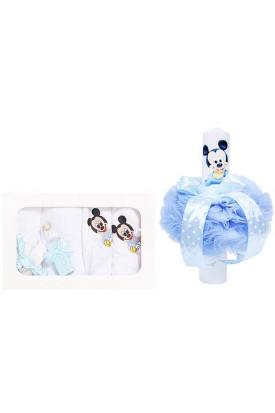 Recostore Set trusou si lumanare botez, Mickey Mouse, alb-bleu, 8 piese,REC1887