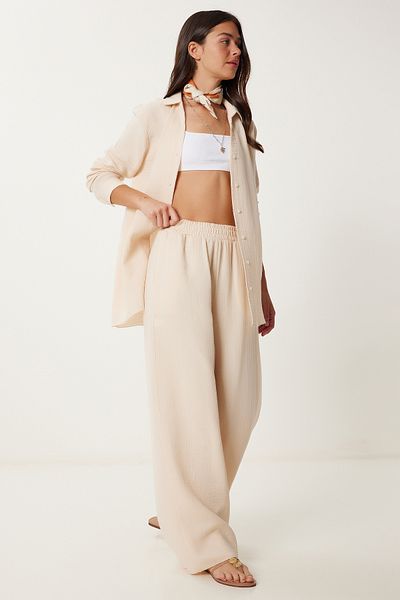 Lovelyİstanbul Linen Muslin Shirt Pants Set Cream Lcr0078