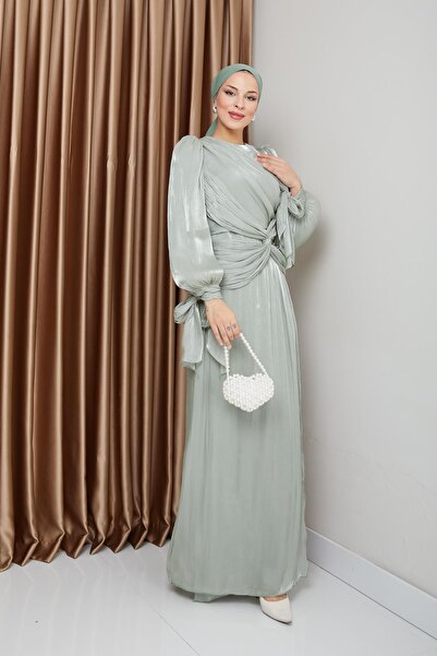 Olcay Ανοιχτό πράσινο Yoryo Silk Hijab βραδινό φόρεμα - Λεπτομέρεια βολάν και φιόγκος, δεμένο μανίκι 1224
