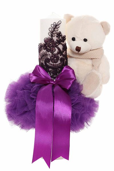 Recostore Baptism candle with purple tulle and attached teddy bear, 35x7 cm, REC1856