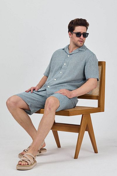 Cosplay Men's Petrol Linen Look Summer Shorts Suit - Shirt & Shorts Two-Piece Combination
