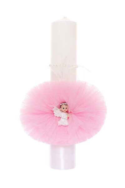 Recostore Lumanare botez cu ingeras, tulle roz40x7 cm,REC1924