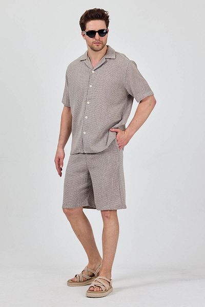 Cosplay Men's Brown Linen Look Summer Shorts Suit - Shirt & Shorts Double Combination