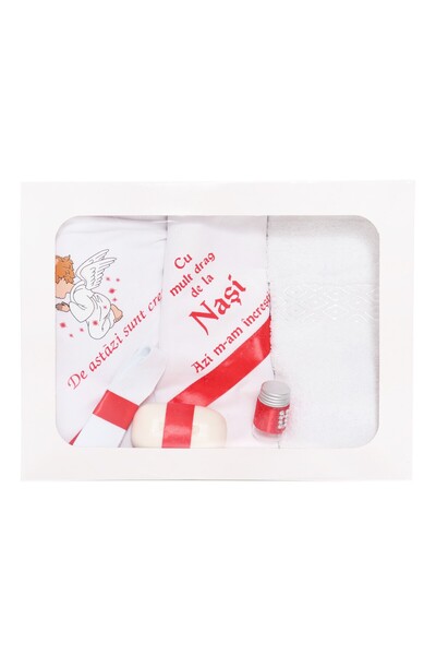 Recostore Trusou botez cu ingeras, alb-rosu, mesaj „De azi sunt crestin”6 pie...