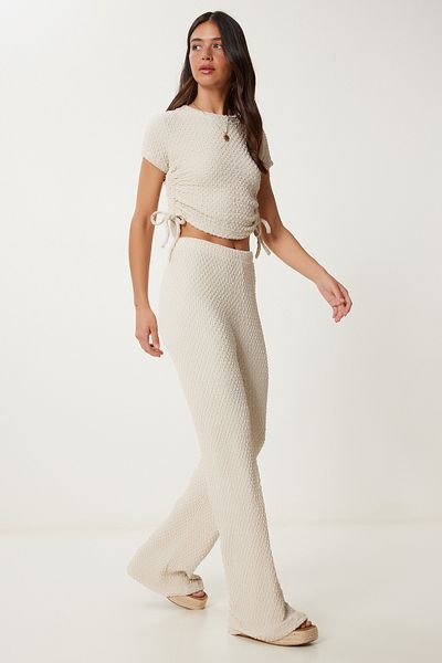 Lovelyİstanbul Textured Flexible Blouse Pants Suit Stone Lzv0011