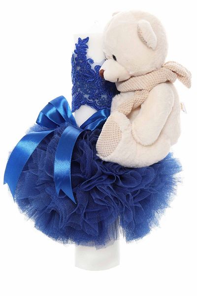 Recostore Lumanare botez cu tulle albastru electric si cu ursulet de plus atasat, 35x7 cm,REC1861
