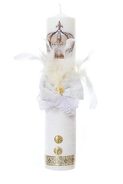 Recostore Lumanare botez catifea alba si coroana, 35 cm, REC2171