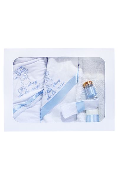 Recostore Trusou botez, alb-bleu, cu ingeras brodat, 6 piese, REC274
