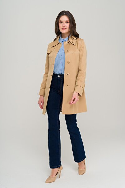 Olcay Kemeri Büzgülü Su İtici Özellikli Astarlı Kısa Trençkot KAMEL 6684