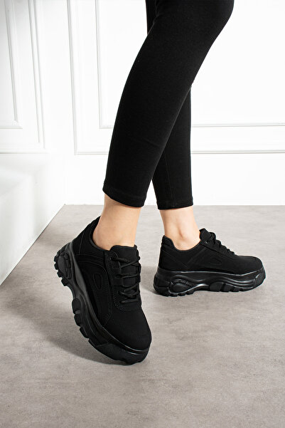 Ayax Siyah Süet Kalın Taban Kadın Spor Ayakkabı Sneaker