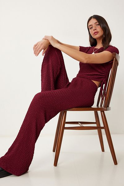 Lovelyİstanbul Textured Flexible Blouse Pants Suit Bordo Lzv0011
