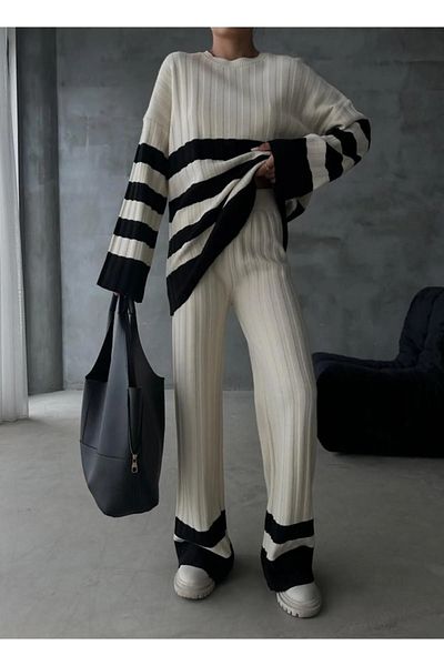 NZL TEKSTİL Dgn's Yumoş Striped 2-Piece Sweater Pants Suit