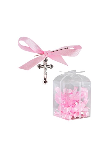 Recostore Set 20 marturii, cruciulite biserica din metal cu bolduri si cutiuta, funda roz, REC1968/52