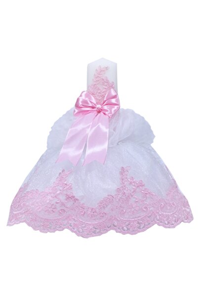 Recostore Lumanare cu funda roz botez si tulle alb stralucitor, 45x7 cm, REC1448