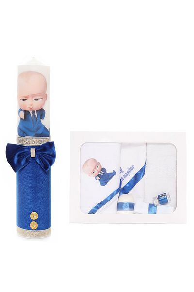 Recostore Set trusou si lumanare cu Bebe Boss, alb-albastru, 7 piese,REC1723