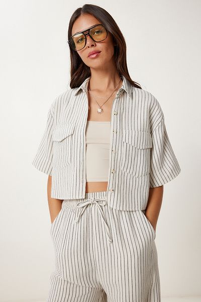 Lovelyİstanbul Striped Muslin Shirt Pants Suit Cream Lmx0084