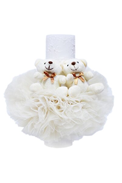 Recostore Lumanare ivoire cu ursuleti botez, tulle ivoire si broderie, 20x7 c...