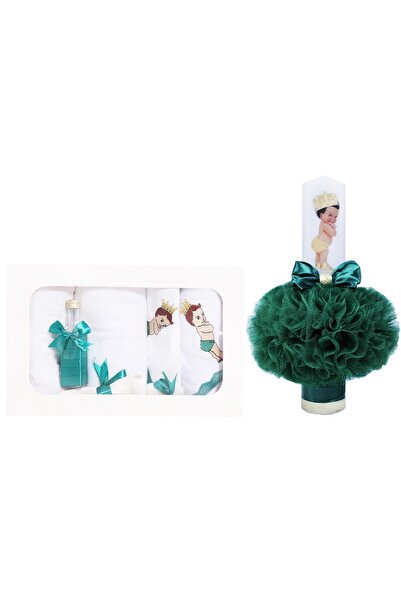 Recostore Set trusou si lumanare botez, bebe print, alb-verde, 8 piese,REC1880