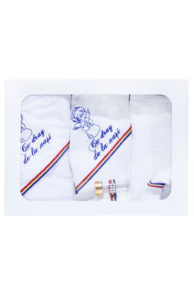 Recostore Trusou traditional botez, alb, cu ingeras brodat, 6 piese, REC277