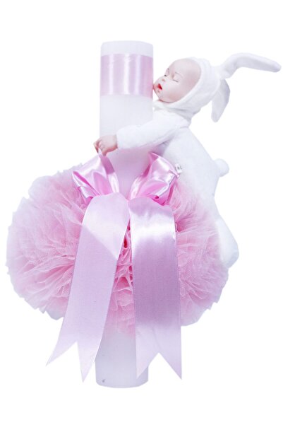 Recostore Lumanare roz botez, cu iepuras alb, tulle roz si funda, 30x5 cm, RE...
