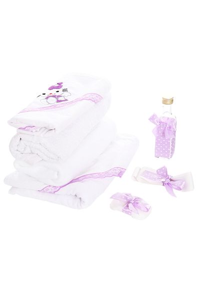 Recostore Trusou botez brodat cu Hello Kitty, alb-lila, 7 piese,REC1753