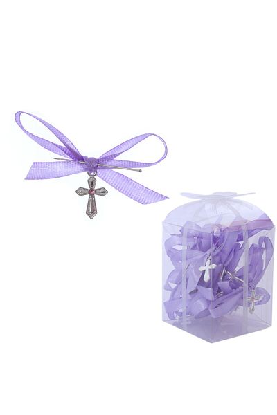 Recostore Set 20 marturii, cruciulite biserica din metal cu bolduri si cutiuta, funda lila, REC1968/56
