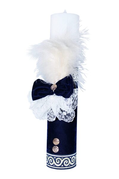 Recostore Lumanare bleumarin botez, cu aplicatii din pene si banuti aurii, 40...