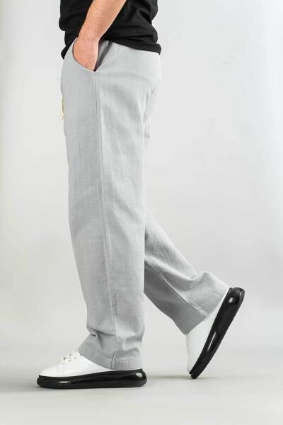 bombe Erkek Gri Rahat Kalıp Bagy Pantolon Keten Kuşaklı Ipli Yumuşak Kumaş Karışımı Pantolon