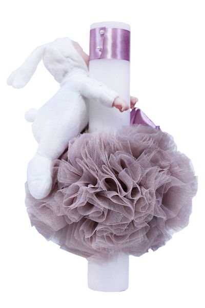 Recostore Powder pink baptism candle, with white bunny, powder pink tulle and bow, 30x5 cm, REC98