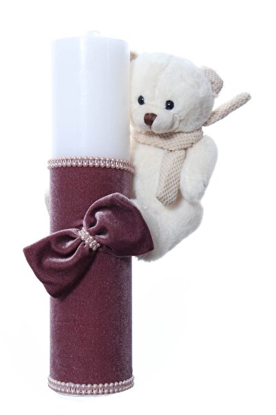 Recostore Lumanare botez catifea roz pudrat si ursulet de plus, 28 cm, REC2164