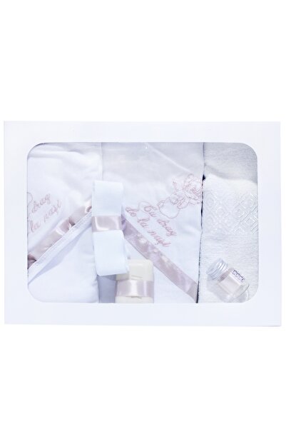 Recostore Trusou botez, alb-roz pudrat, cu ingeras brodat, 6 piese, REC282