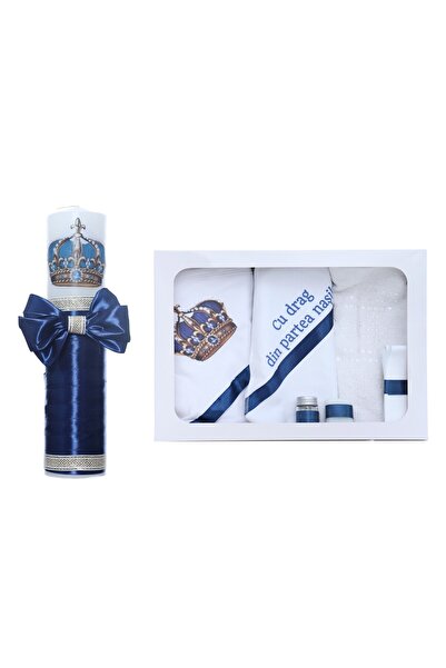 Recostore Set trusou si lumanare botez, Coroana, 7 piese, Bleumarin, REC2591