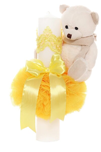 Recostore Κηροπήγιο βάπτισης με κίτρινο τούλι και αρκουδάκι, 35x7 cm, REC1857