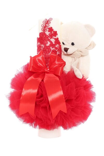 Recostore Lumanare botez cu tulle rosu si cu ursulet de plus atasat, 35x7 cm,...