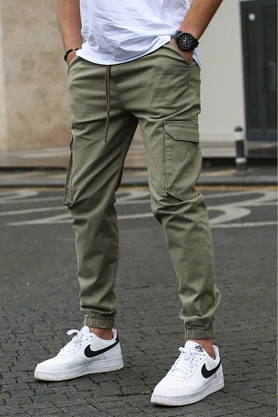 SERAZAT Men's Cargo Pocket Pants Green Jogger Pants with Side Pockets