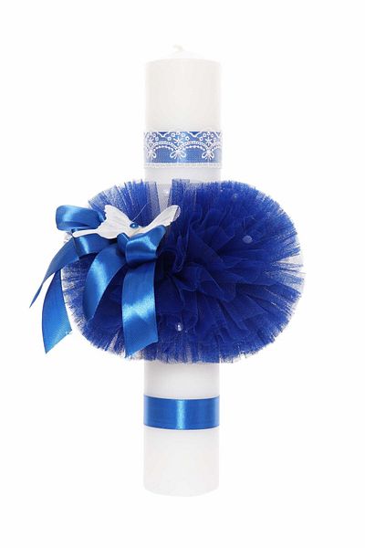 Recostore Lumanare botez cu fluturi, tulle albastru electric40x7 cm,REC1926